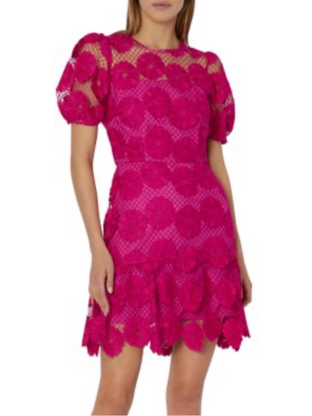 Hot Pink Lace Puff-Sleeve Mini Dress